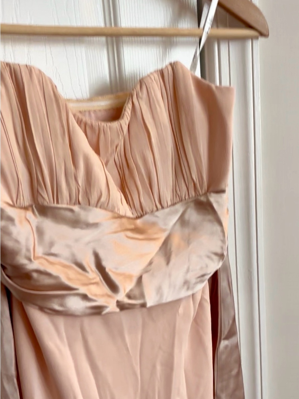 Nicole Miller Strapless Pleated Satin-Waist Dress in Blush Peach